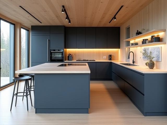 Moderne kjøkken i Fana med mørke fronter og trebenkeplate.